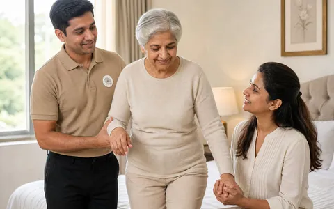 A Naetrika caregiver and family member supporting an elderly woman as she walks at home