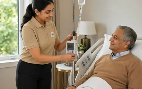 A Naetrika caregiver managing home medical equipment beside an elderly patient in bed