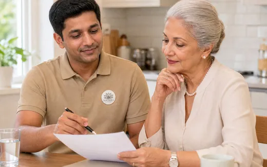 A Naetrika caregiver reviewing a care agreement with an elderly woman at home